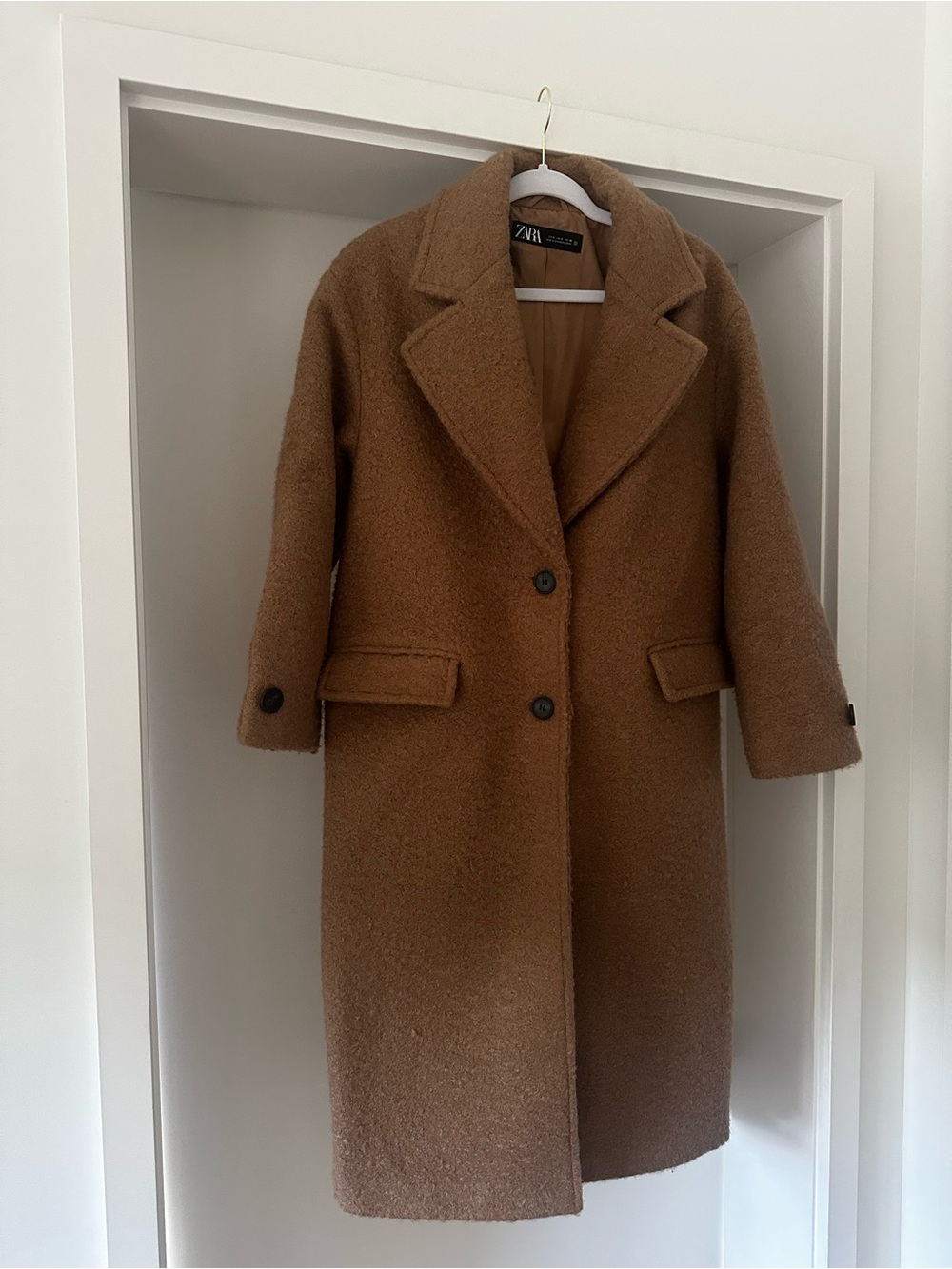 ZARA Camel Hair Texture Long Trench Coat in Camel Brown